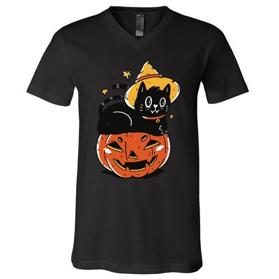 Spooky Halloween Cat Costume with Witch Hat and Pumpkin V-Neck T-Shirt