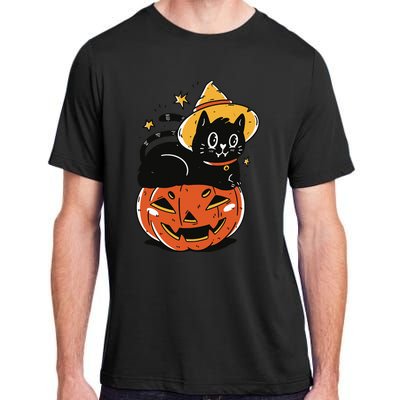 Spooky Halloween Cat Costume with Witch Hat and Pumpkin Adult ChromaSoft Performance T-Shirt