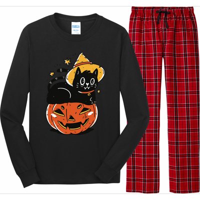 Spooky Halloween Cat Costume with Witch Hat and Pumpkin Long Sleeve Pajama Set