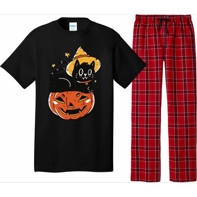 Spooky Halloween Cat Costume with Witch Hat and Pumpkin Pajama Set