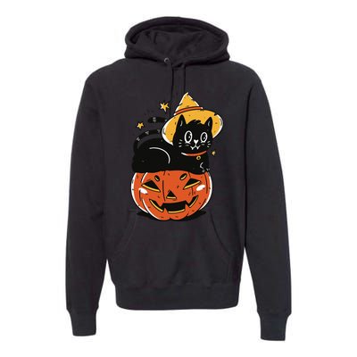 Spooky Halloween Cat Costume with Witch Hat and Pumpkin Premium Hoodie