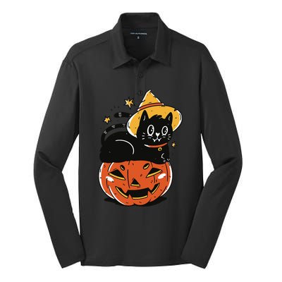 Spooky Halloween Cat Costume with Witch Hat and Pumpkin Silk Touch Performance Long Sleeve Polo