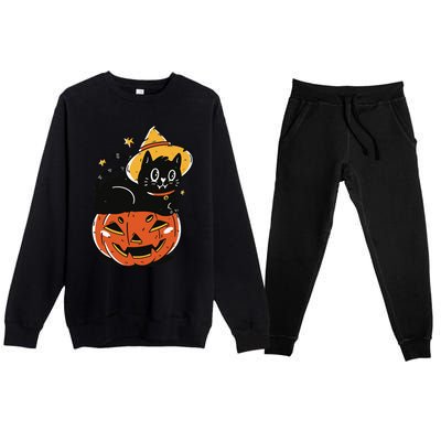 Spooky Halloween Cat Costume with Witch Hat and Pumpkin Premium Crewneck Sweatsuit Set