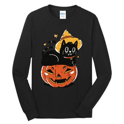 Spooky Halloween Cat Costume with Witch Hat and Pumpkin Tall Long Sleeve T-Shirt