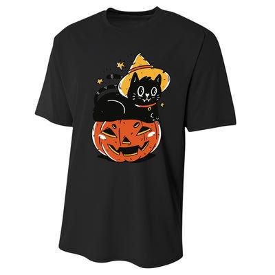 Spooky Halloween Cat Costume with Witch Hat and Pumpkin Performance Sprint T-Shirt