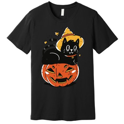 Spooky Halloween Cat Costume with Witch Hat and Pumpkin Premium T-Shirt