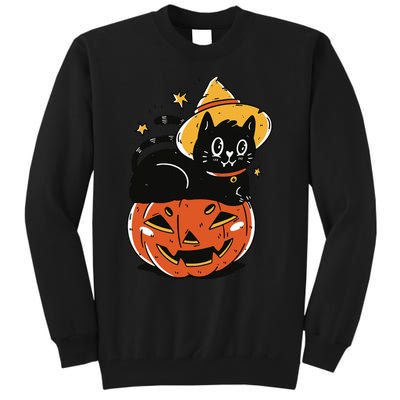 Spooky Halloween Cat Costume with Witch Hat and Pumpkin Tall Sweatshirt