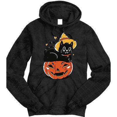 Spooky Halloween Cat Costume with Witch Hat and Pumpkin Tie Dye Hoodie