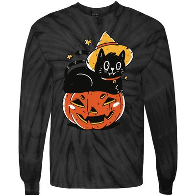 Spooky Halloween Cat Costume with Witch Hat and Pumpkin Tie-Dye Long Sleeve Shirt