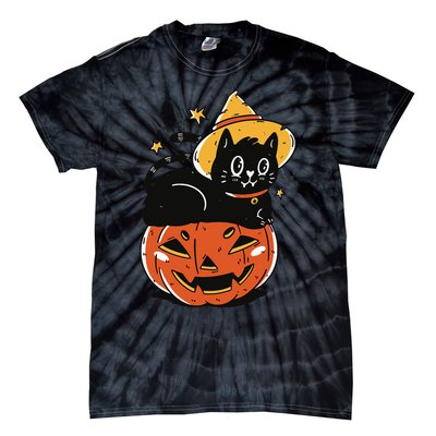 Spooky Halloween Cat Costume with Witch Hat and Pumpkin Tie-Dye T-Shirt