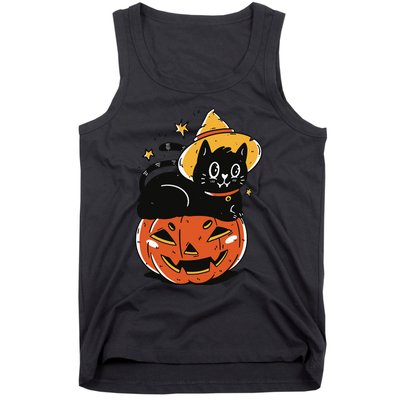 Spooky Halloween Cat Costume with Witch Hat and Pumpkin Tank Top