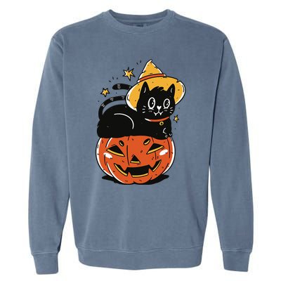 Spooky Halloween Cat Costume with Witch Hat and Pumpkin Garment-Dyed Sweatshirt