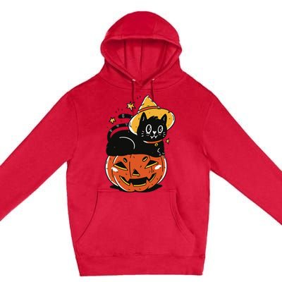 Spooky Halloween Cat Costume with Witch Hat and Pumpkin Premium Pullover Hoodie