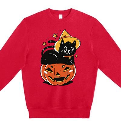 Spooky Halloween Cat Costume with Witch Hat and Pumpkin Premium Crewneck Sweatshirt