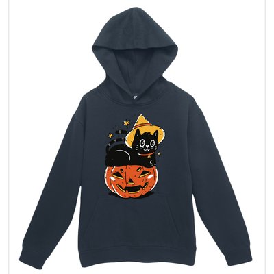 Spooky Halloween Cat Costume with Witch Hat and Pumpkin Urban Pullover Hoodie