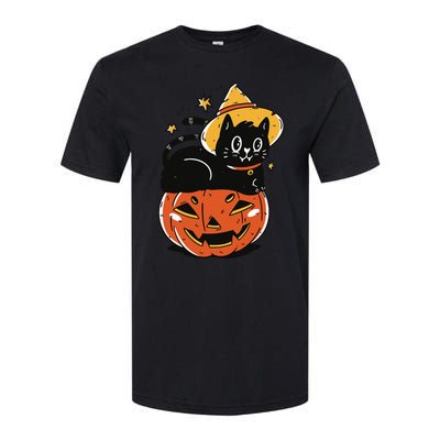 Spooky Halloween Cat Costume with Witch Hat and Pumpkin Softstyle CVC T-Shirt