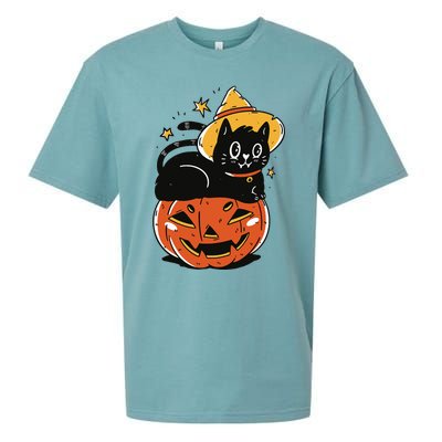 Spooky Halloween Cat Costume with Witch Hat and Pumpkin Sueded Cloud Jersey T-Shirt