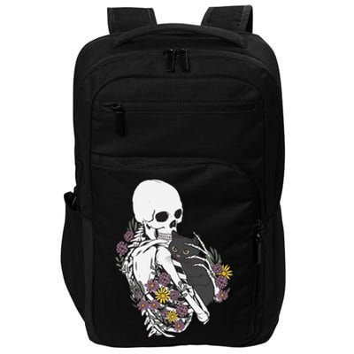 Skeleton Hugging Cat Flowers Skeleton Black Cat Funny Gift Impact Tech Backpack