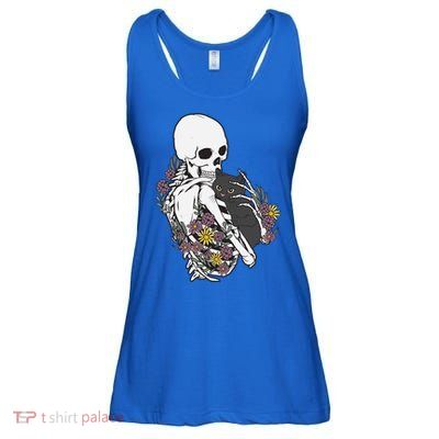 Skeleton Hugging Cat Flowers Skeleton Black Cat Funny Gift Ladies Essential Flowy Tank