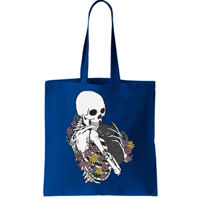 Skeleton Hugging Cat Flowers Skeleton Black Cat Funny Gift Tote Bag