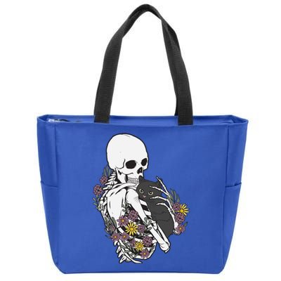 Skeleton Hugging Cat Flowers Skeleton Black Cat Funny Gift Zip Tote Bag