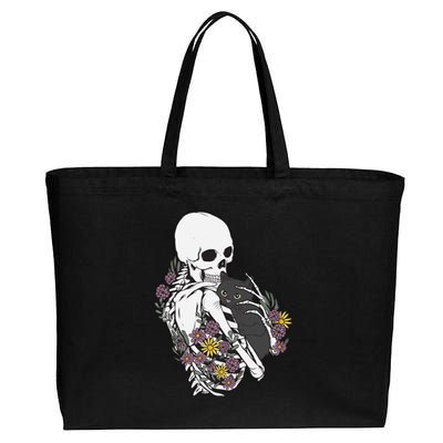 Skeleton Hugging Cat Flowers Skeleton Black Cat Funny Gift Cotton Canvas Jumbo Tote