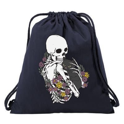 Skeleton Hugging Cat Flowers Skeleton Black Cat Funny Gift Drawstring Bag