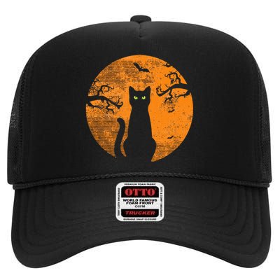 Spooky Halloween Cat Costume with Retro Moon High Crown Mesh Back Trucker Hat