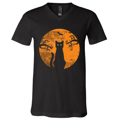 Spooky Halloween Cat Costume with Retro Moon V-Neck T-Shirt