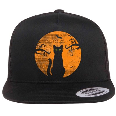 Spooky Halloween Cat Costume with Retro Moon Flat Bill Trucker Hat