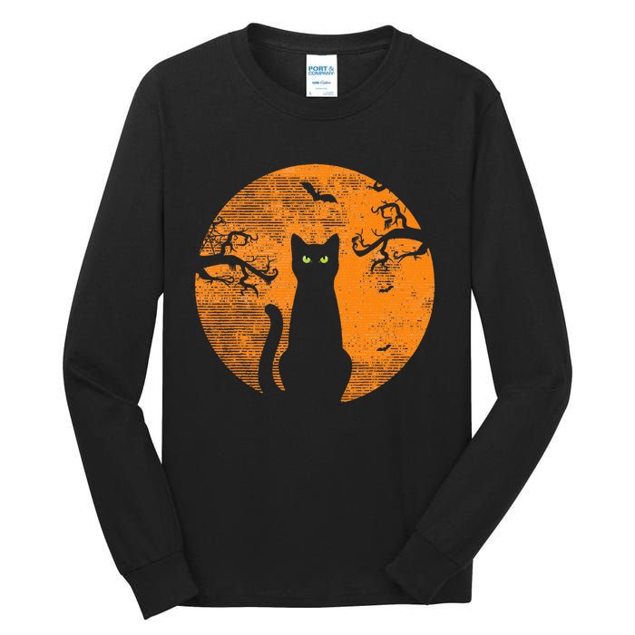 Spooky Halloween Cat Costume with Retro Moon Tall Long Sleeve T-Shirt