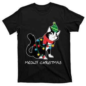 Santa Hat Cat Meowy X-Mas Light Up Funny Christmas Gift T-Shirt