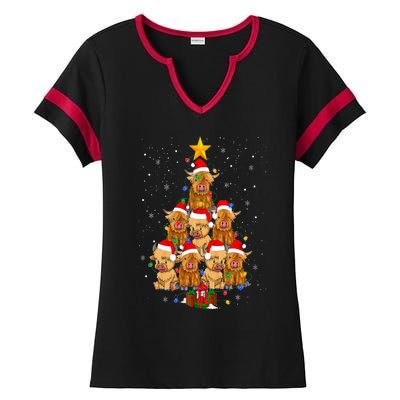 Scottish Highland Cow Christmas Tree Funny Cow Lover Xmas Ladies Halftime Notch Neck Tee