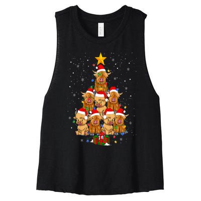 Scottish Highland Cow Christmas Tree Funny Cow Lover Xmas Women's Racerback Cropped Tank