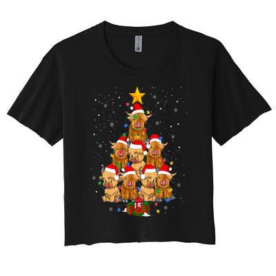 Scottish Highland Cow Christmas Tree Funny Cow Lover Xmas Women's Crop Top Tee