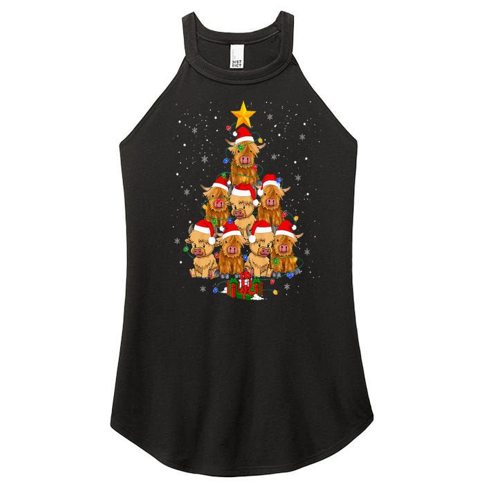 Scottish Highland Cow Christmas Tree Funny Cow Lover Xmas Women's Perfect Tri Rocker Tank