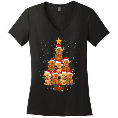 Scottish Highland Cow Christmas Tree Funny Cow Lover Xmas Women's V-Neck T-Shirt