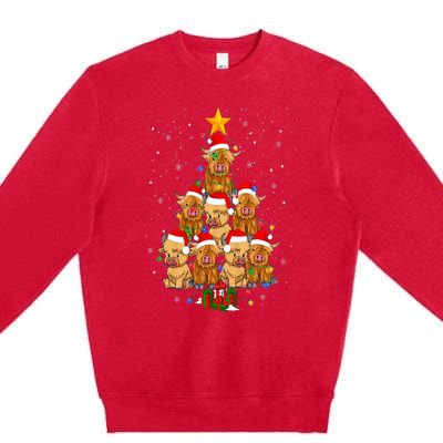 Scottish Highland Cow Christmas Tree Funny Cow Lover Xmas Premium Crewneck Sweatshirt