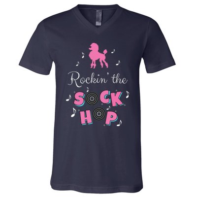 Sock Hop Costume Girl Women Pink Poodle V-Neck T-Shirt