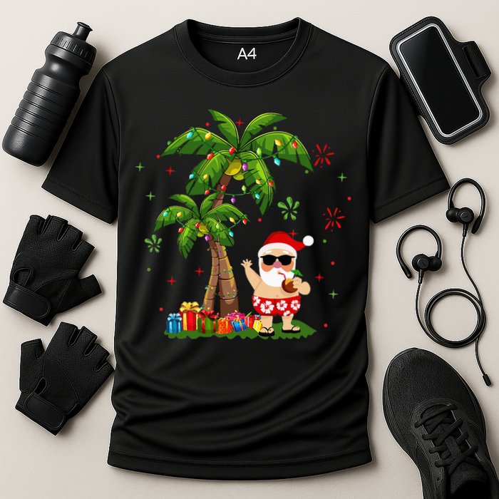 Santa Hawaiian Christmas Palm Tree Lights Xmas Cooling Performance Crew T-Shirt