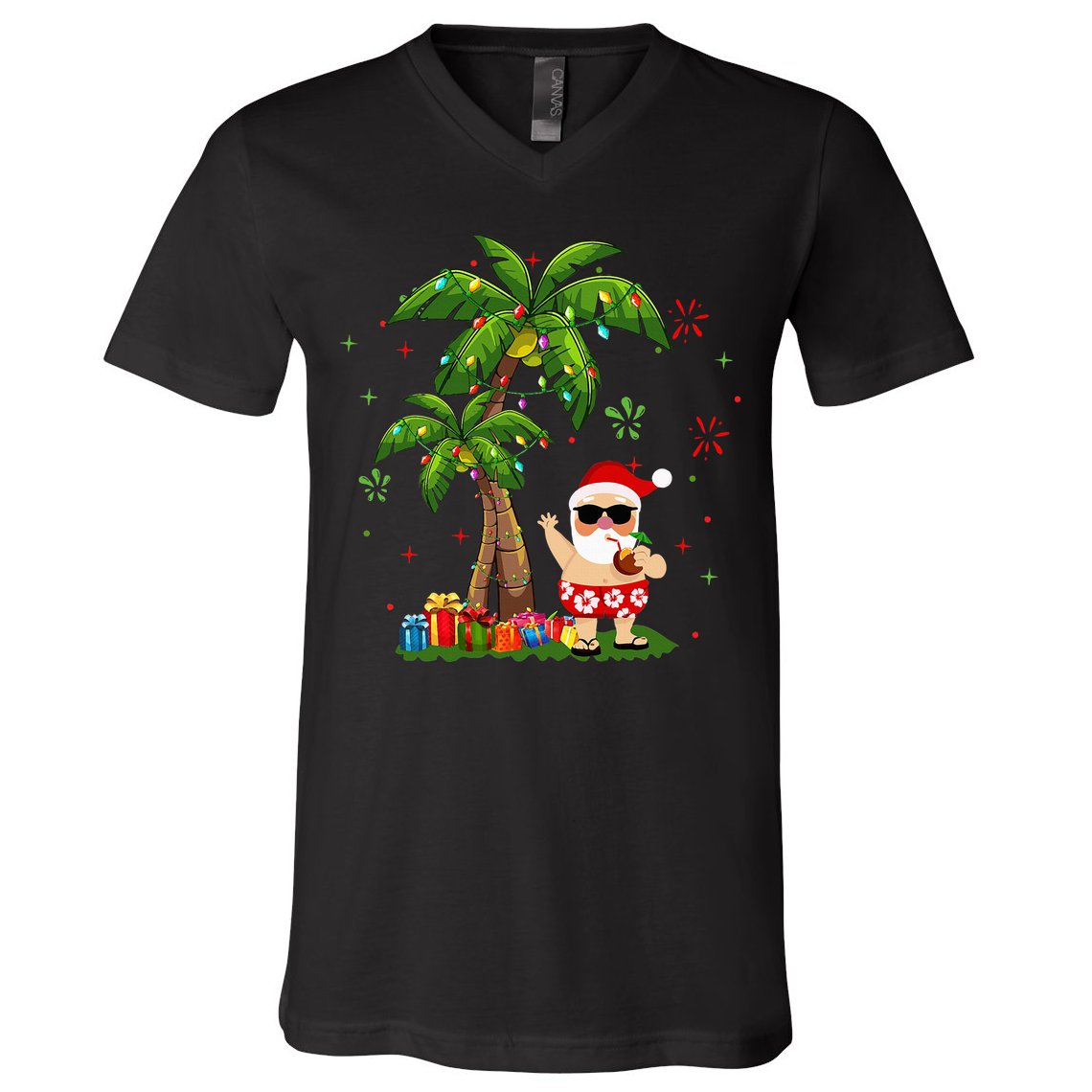 Santa Hawaiian Christmas Palm Tree Lights Xmas V-Neck T-Shirt