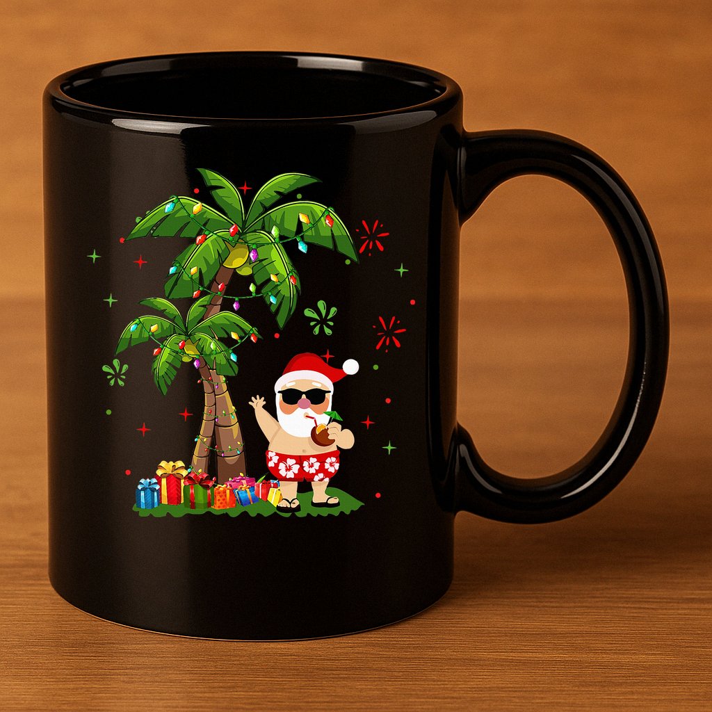 Santa Hawaiian Christmas Palm Tree Lights Xmas 11oz C Handle Ceramic Mug