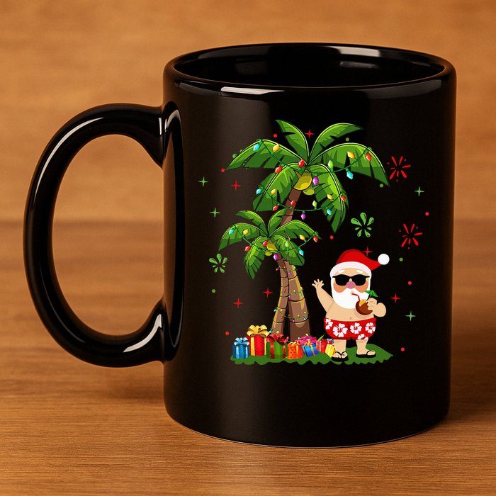 Santa Hawaiian Christmas Palm Tree Lights Xmas 11oz C Handle Ceramic Mug