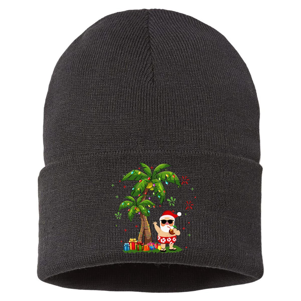 Santa Hawaiian Christmas Palm Tree Lights Xmas Sustainable Knit Beanie