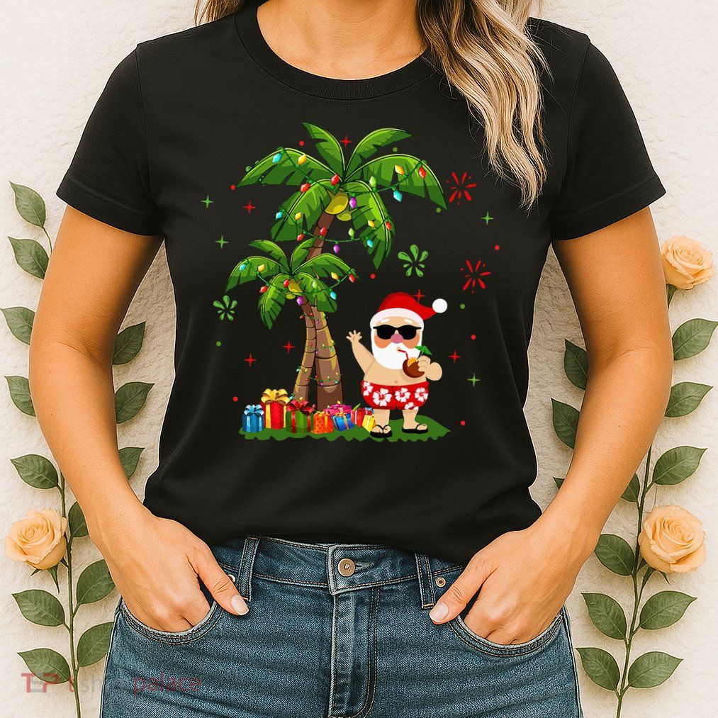 Santa Hawaiian Christmas Palm Tree Lights Xmas Womens T-Shirt