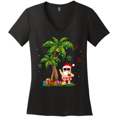 Santa Hawaiian Christmas Palm Tree Lights Xmas Women's V-Neck T-Shirt