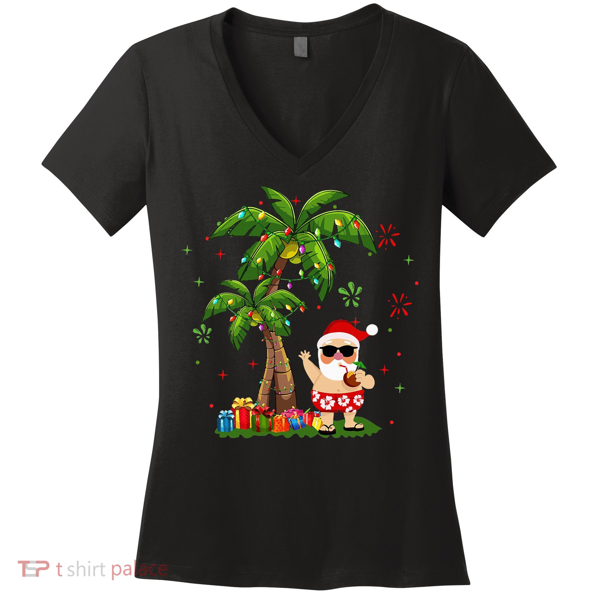 Santa Hawaiian Christmas Palm Tree Lights Xmas Women's V-Neck T-Shirt