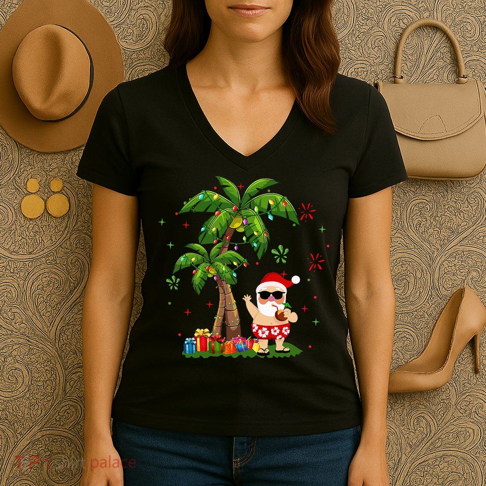 Santa Hawaiian Christmas Palm Tree Lights Xmas Women's V-Neck T-Shirt