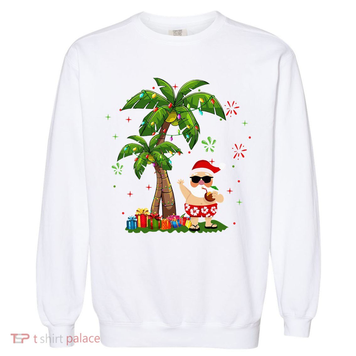 Santa Hawaiian Christmas Palm Tree Lights Xmas Garment-Dyed Sweatshirt
