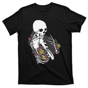 Skeleton Hugging Cat Flowers Skeleton Black Cat T-Shirt